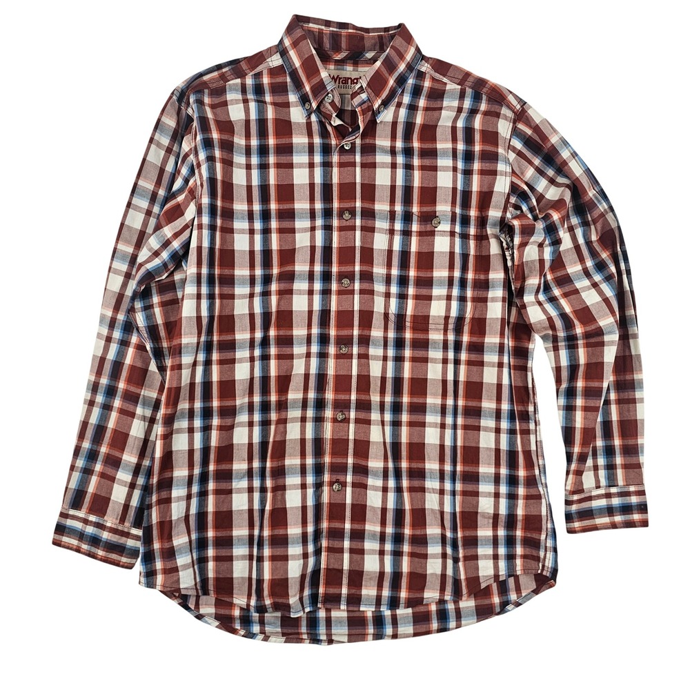 Wrangler Rugged Wear Mens Plaid Button DownShirt Burgundy Navy White Long Sleeve